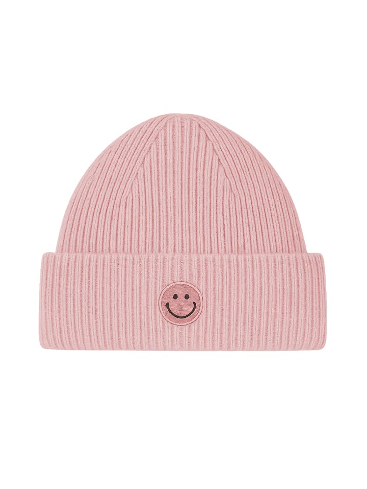 Strickmütze mit Smiley und feinem Rippenstrick in Altrosa