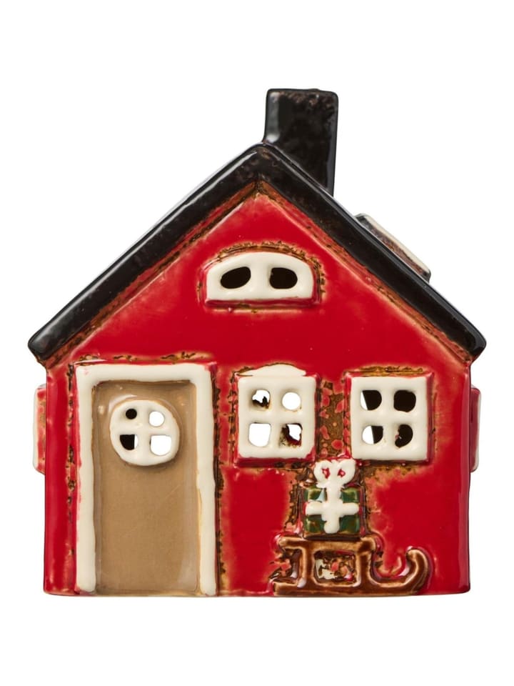 Teelichthaus Stillenat Keramikhäuschen mit Schlitten Motiv in rot