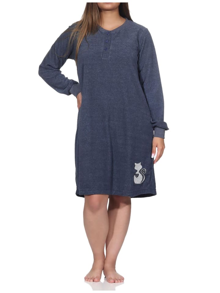 Frottee Nachthemd langarm Faulti Katze - 82128 in blau