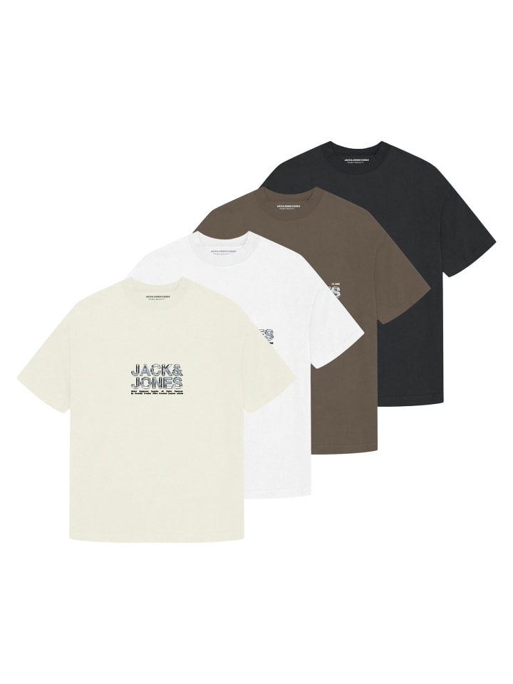 T-Shirt 4er Pack in Weiß/Schwarz/Beige/Dunkelgrün