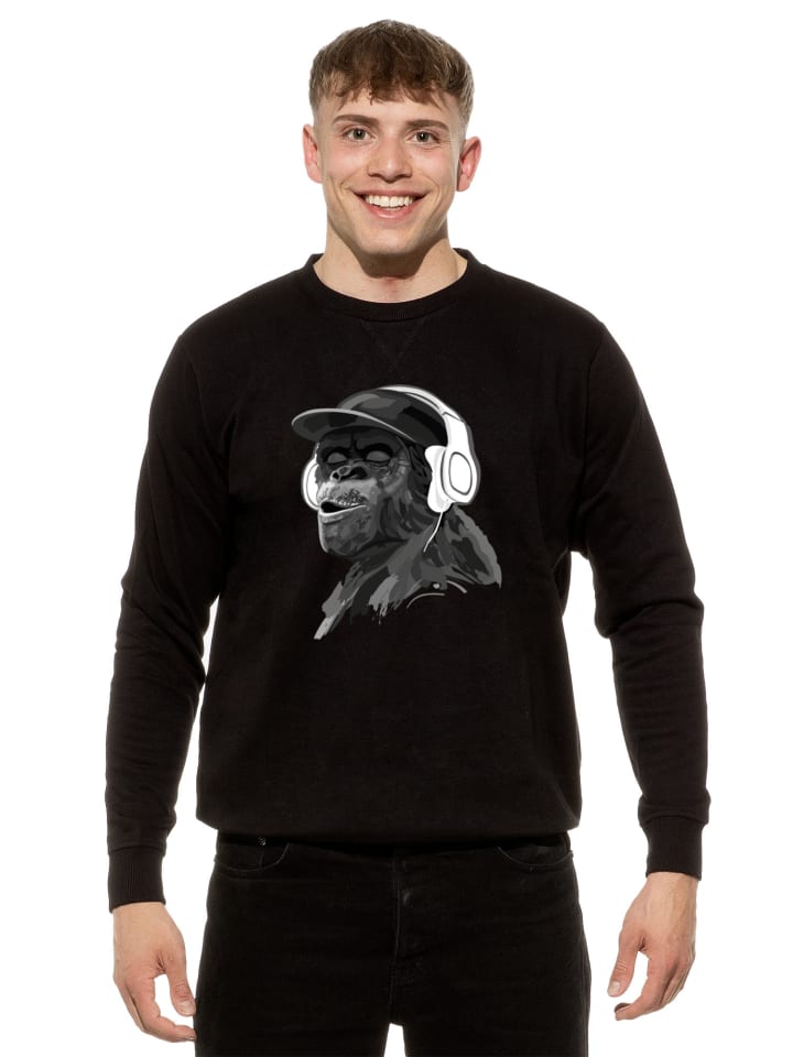 Sweatshirt Affe Pullover mit Print, Monkey mit Kopfhörer in Schwarz