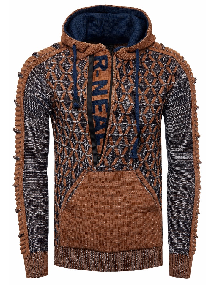 1/2 Zip Kontrast Grobstrick Kapuzen-Pullover in Camel