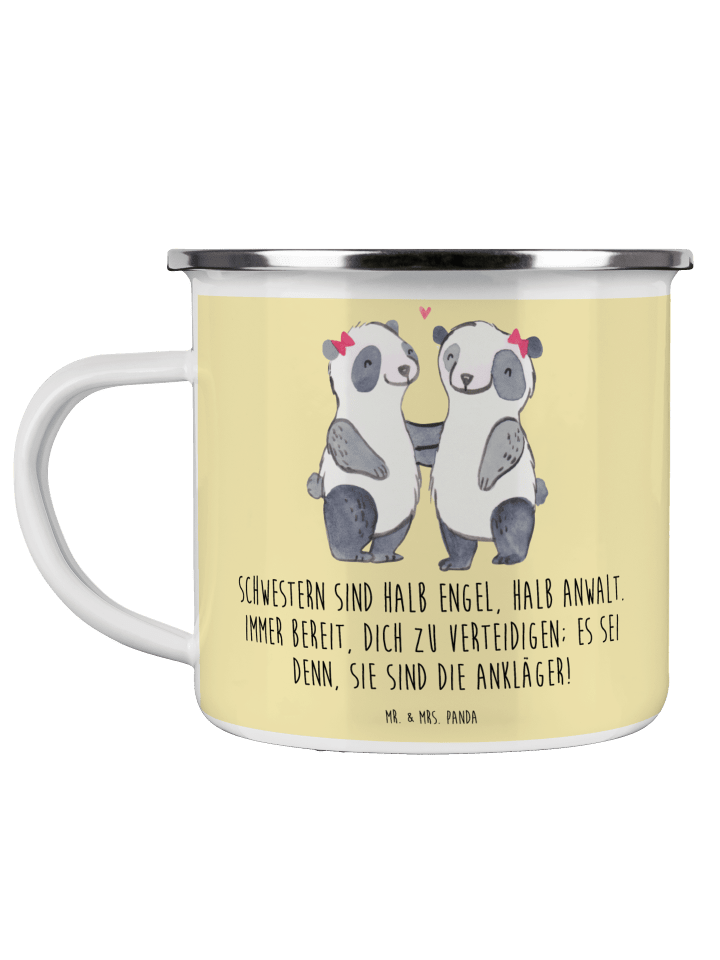 Camping Emaille Tasse Schwesternwunder mit Spruch in Gelb Pastell