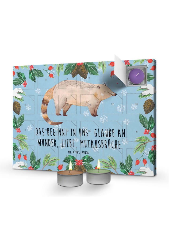 Adventskalender Nasenbär mit Spruch in Eisblau