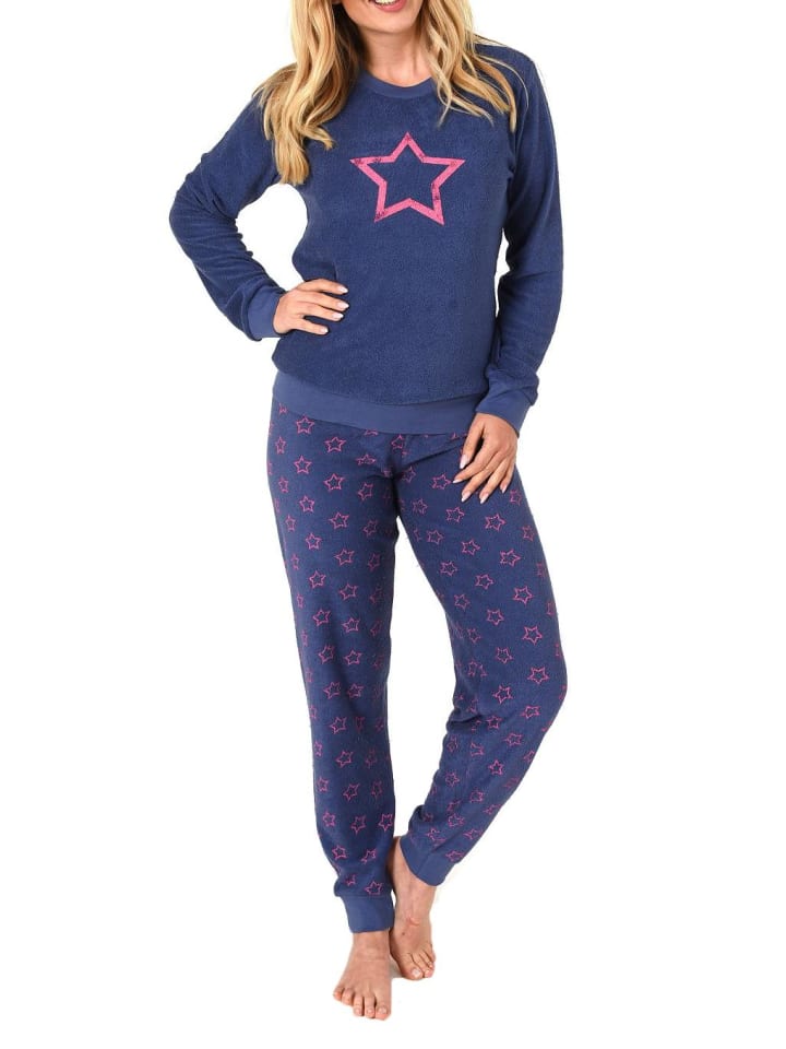 Frottee Pyjama langarm Schlafanzug Bündchen und Sterne - 50159 in blau