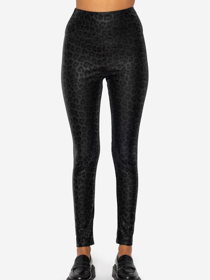 Thermo Kunstleder Leggings mit Leo Print in Schwarz