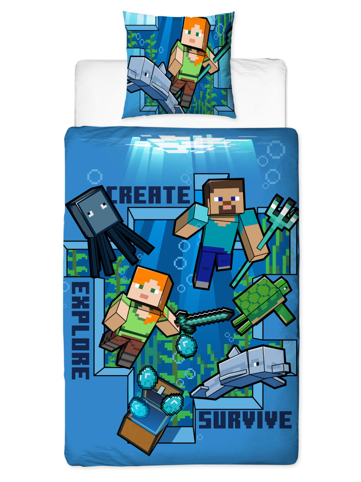 Bettwäsche-Set "Minecraft" in Blau / Weiß