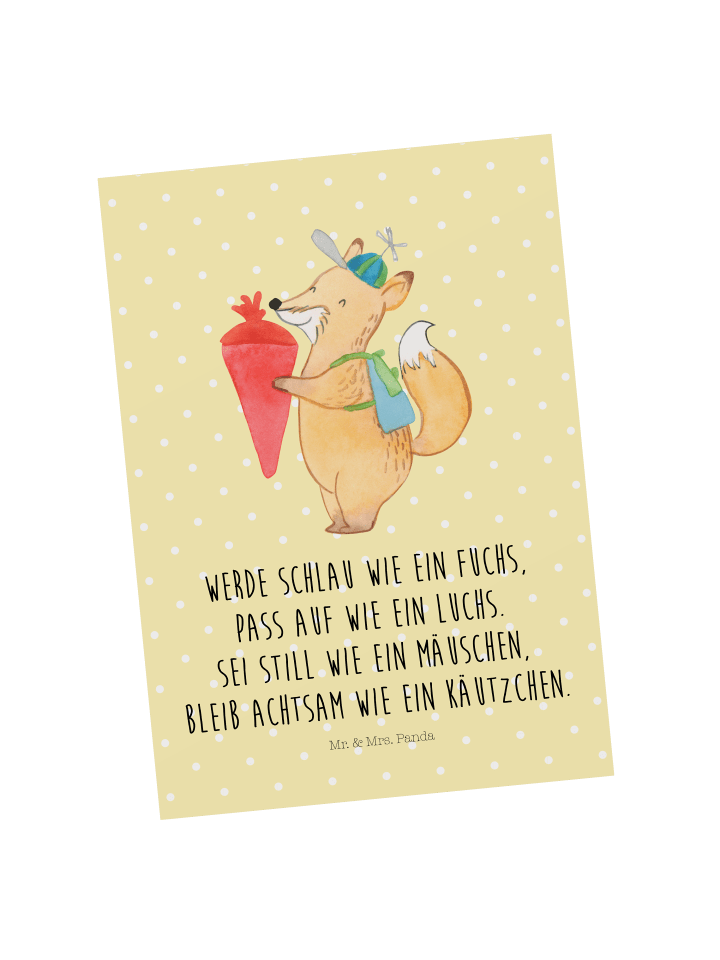 Postkarte Fuchs Schulkind mit Spruch in Gelb Pastell