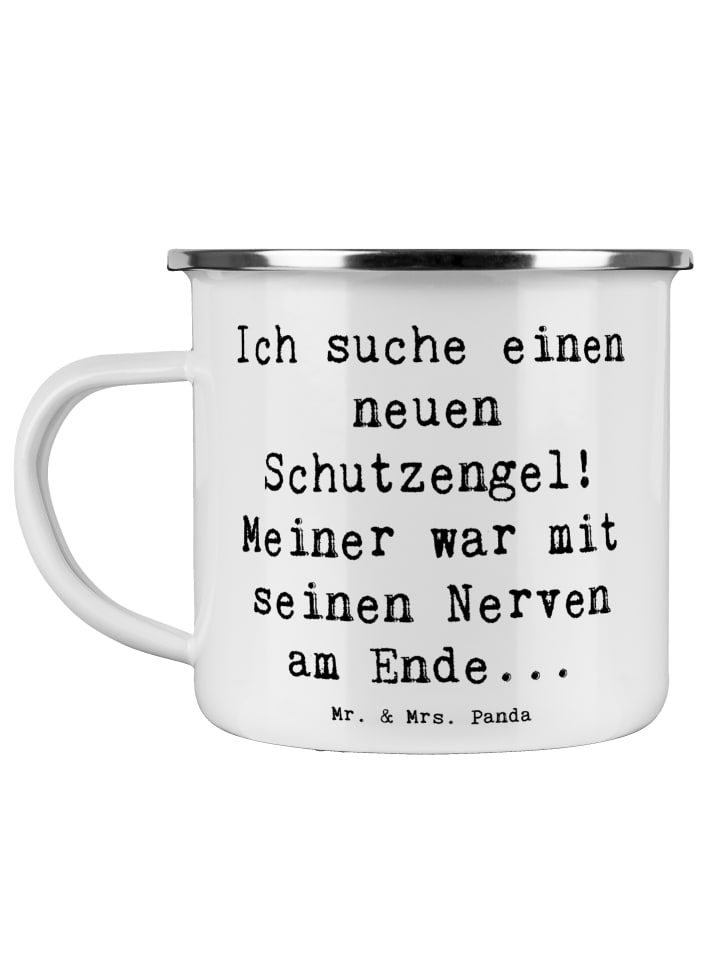 Emaille Tasse Spruch Neuer Schutz mit Spruch in Weiß