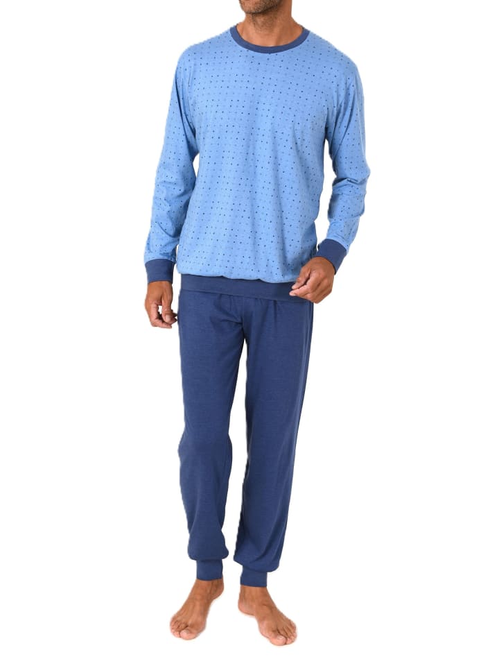 Langarm Schlafanzug Pyjama Bündchen Minimalprint in blau-mel.