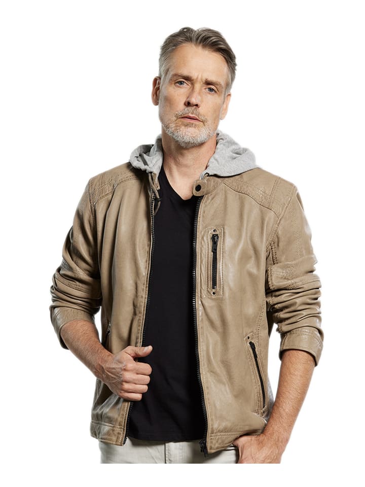 Lederjacke Kapuze Lammnappa in Beige