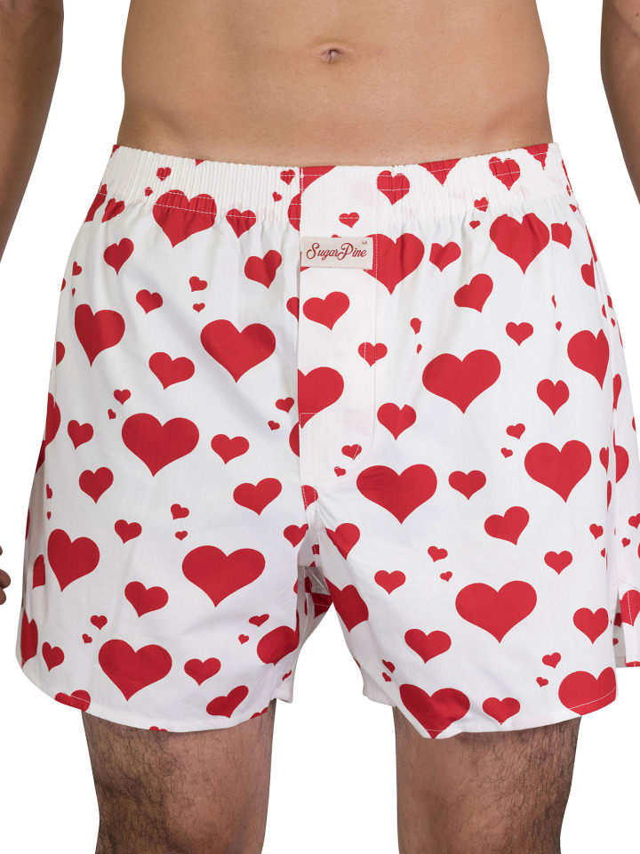 Boxer Webboxershorts weit Motive Print in Herzen weiß