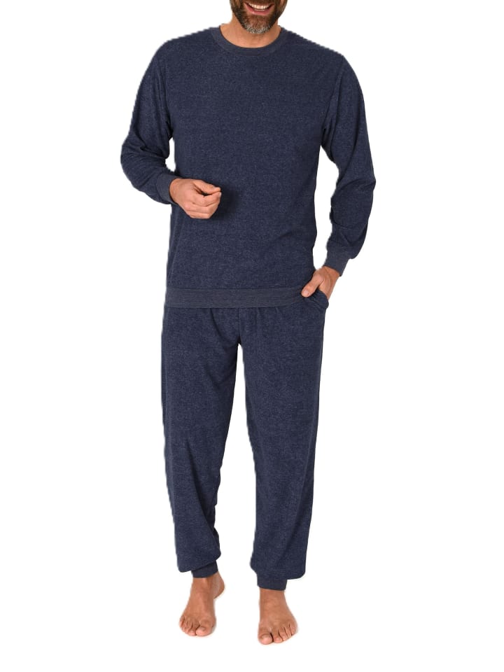 Langarm Frottee Schlafanzug Pyjama Bündchen - 86660 in blau-mel.