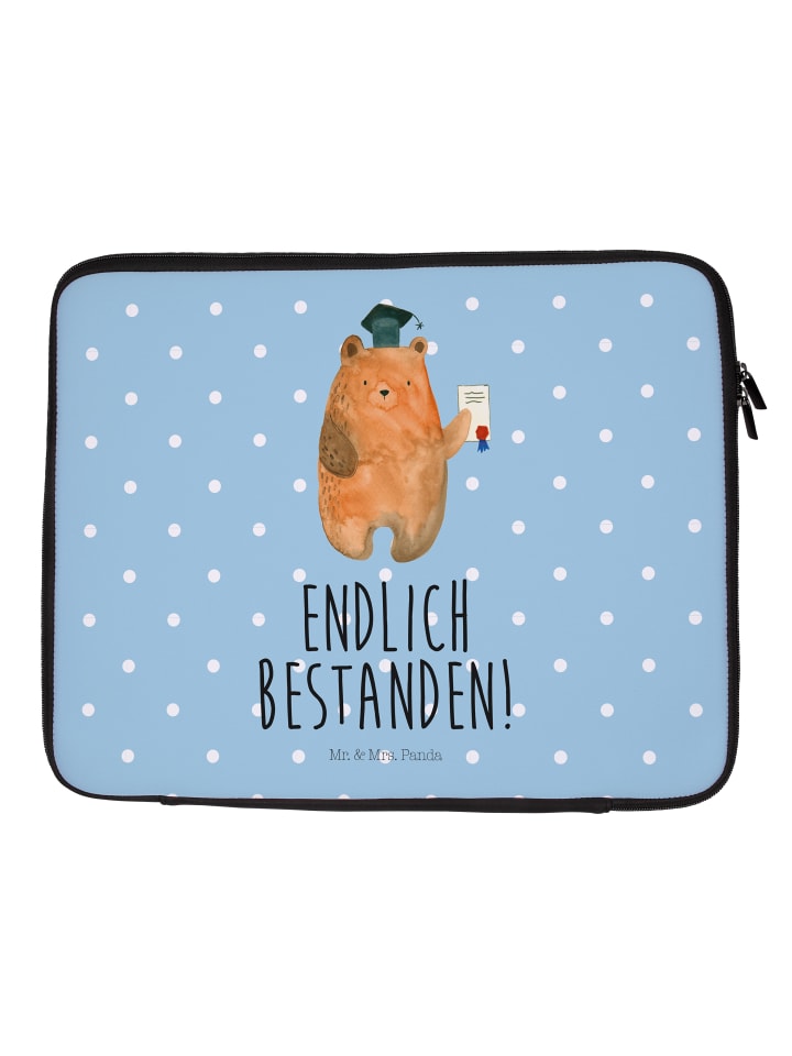 Laptop Tasche Bär Prüfung mit Spruch in Blau Pastell