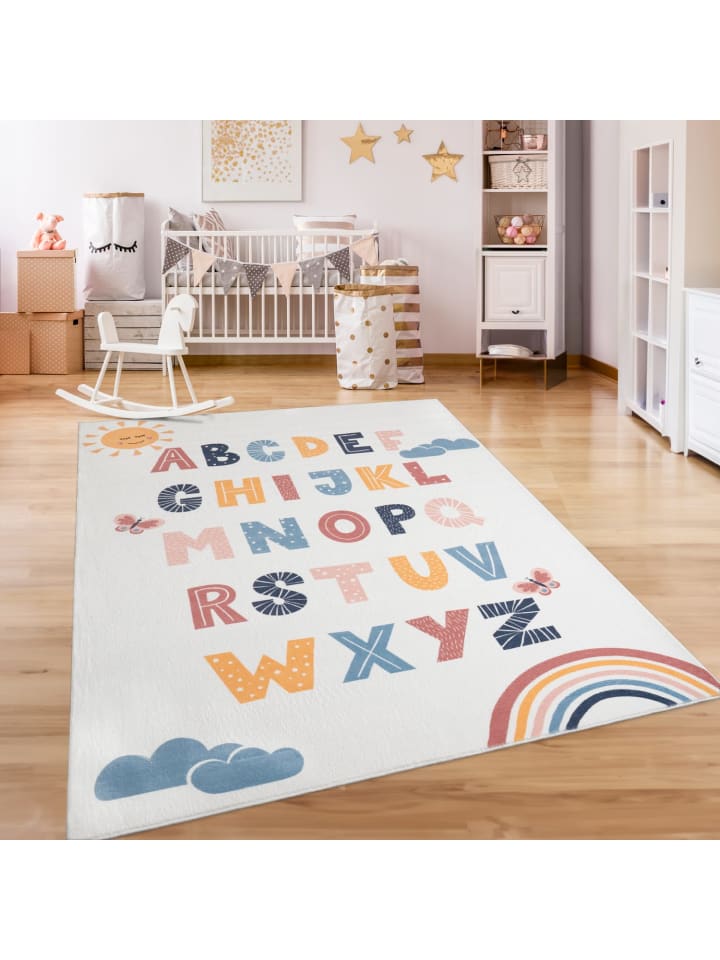 Kinderteppich waschmaschinenwaschbar Alphabet Kinderzimmer in Mehrfarbig