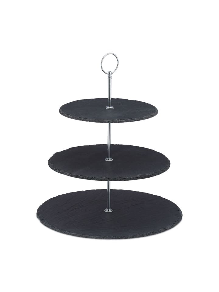 4x Schiefer Etagere in Anthrazit/Silber - (H)34 x Ø 30 cm
