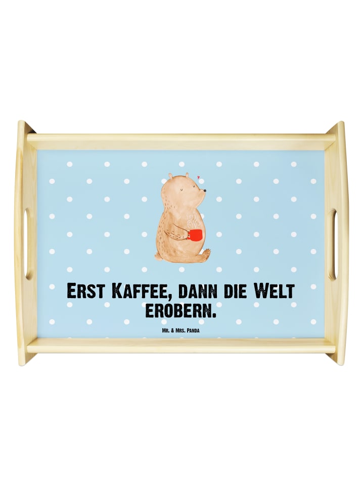Tablett Bär Kaffee mit Spruch in Blau Pastell
