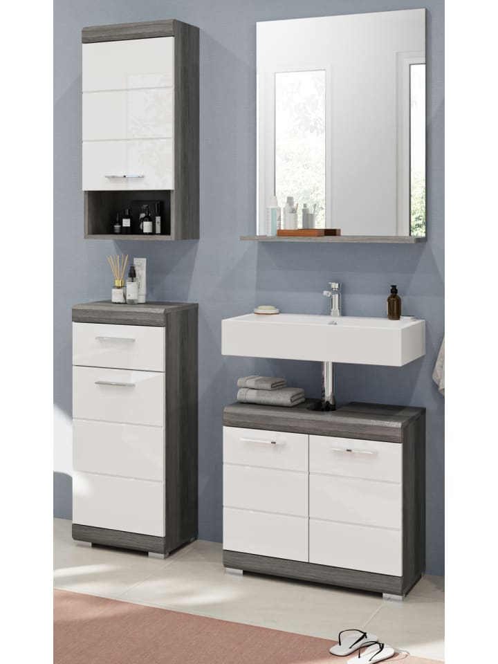 Badmöbel-Set weiß Hochglanz, grau 4-teilig 112 cm, Komplettset mit 7 Fächern