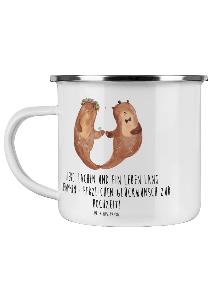 Becher Emaille Hochzeit Liebe Lachen mit Spruch in Transparent