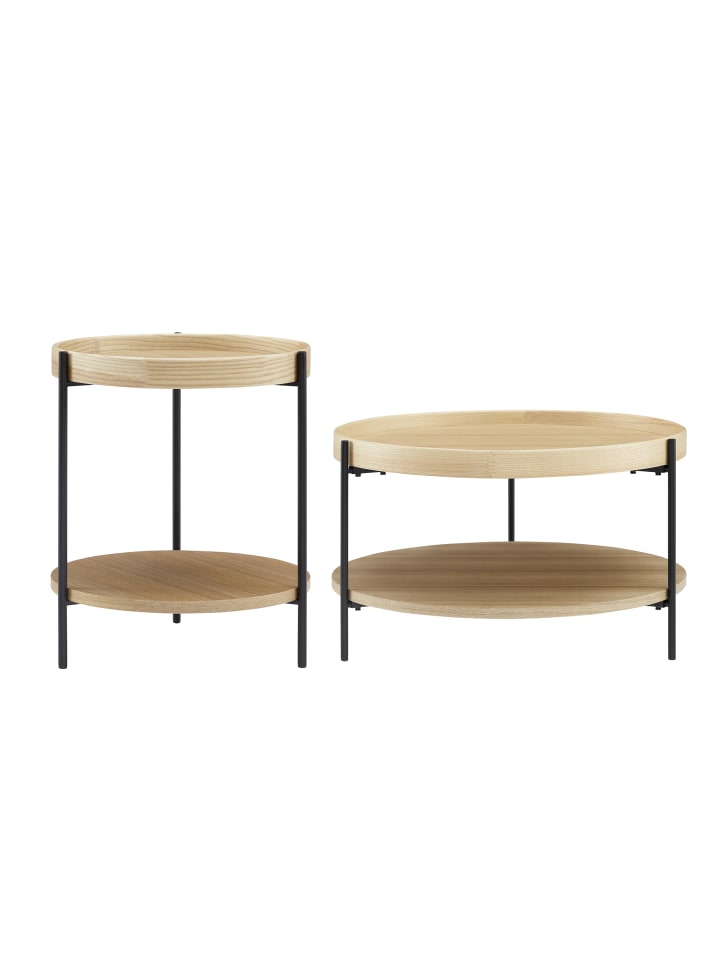 Couchtisch-Set mit je 2 Ablagen Metallgestell Schwarz Holzfurnier in Eichefarben