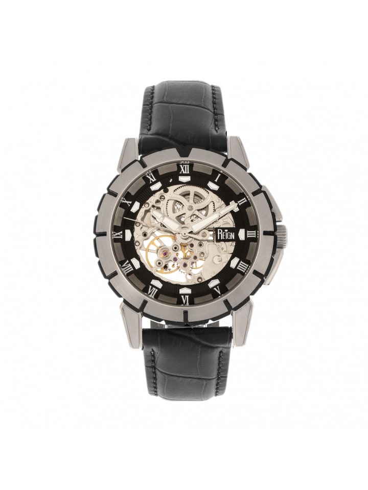 Philippe Automatikuhr mit Skelettgehäuse und Lederarmband in Black/Silver