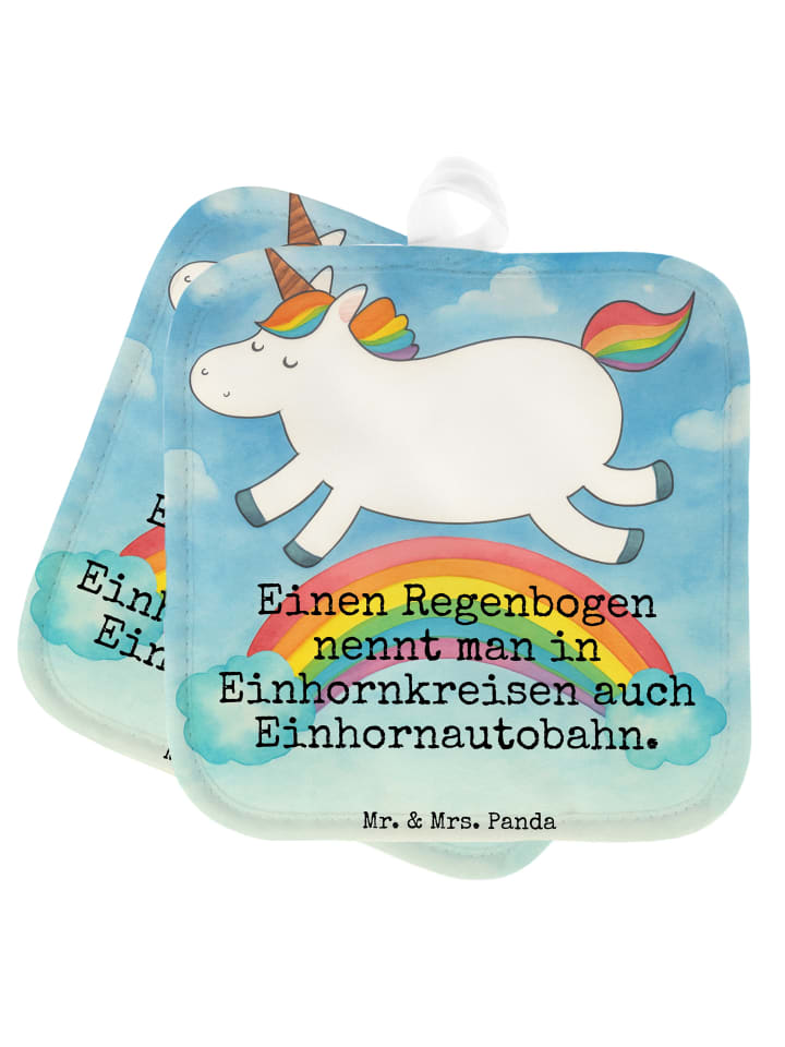 Topflappen Einhorn Regenbogen Design mit Spruch in Weiß