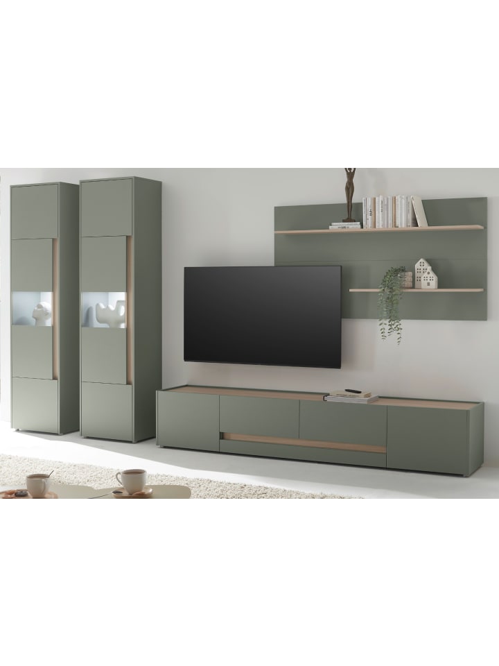 Wohnwand Salbei grün, Eiche 4-teilig 400 cm, Wohnkombination mit XXL TV-Schrank