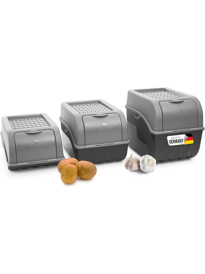 Kartoffel Aufbewahrungsboxen Set | 3,5L + 5L + 9L | GRAU | Kartoffelbo in Grau