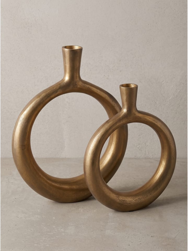 Vase 2er Set massives Aluminium, handgefertigt, fertig montiert in Gold