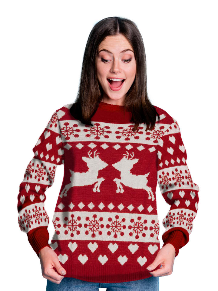 Winterpullover Rentiere Strick Pullover Ugly Sweater in rot