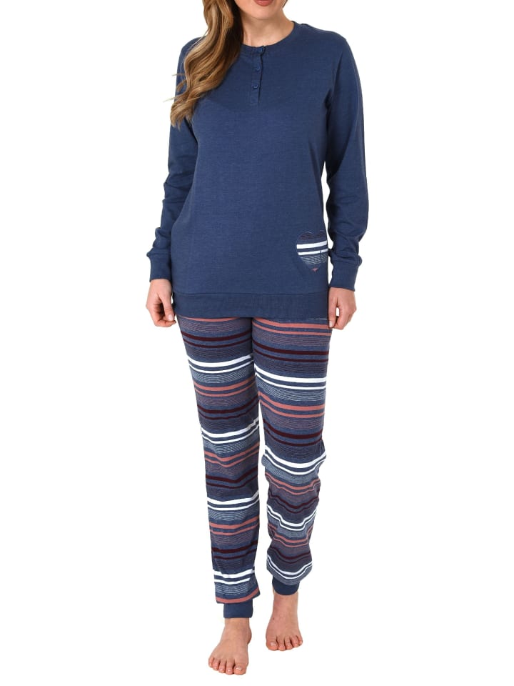 Pyjama Bündchen und gestreifter Hose - 69179 in blau-melange