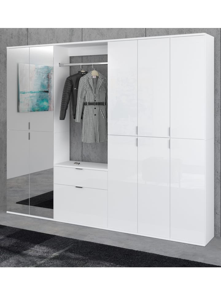 Garderobenschrank weiß Hochglanz 213 cm mit Spiegel, Flurgarderobe