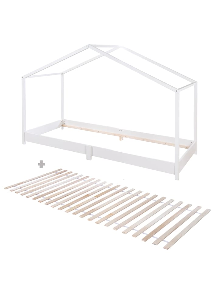 Kinder Hausbett, bodentief, mit Lattenrost 90 x 200 cm - Weiß