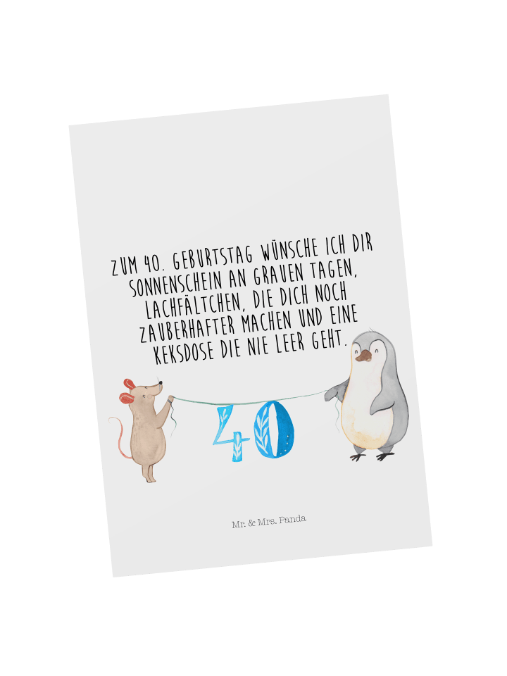 Postkarte 40. Geburtstag Maus Pinguin mit Spruch in Weiß