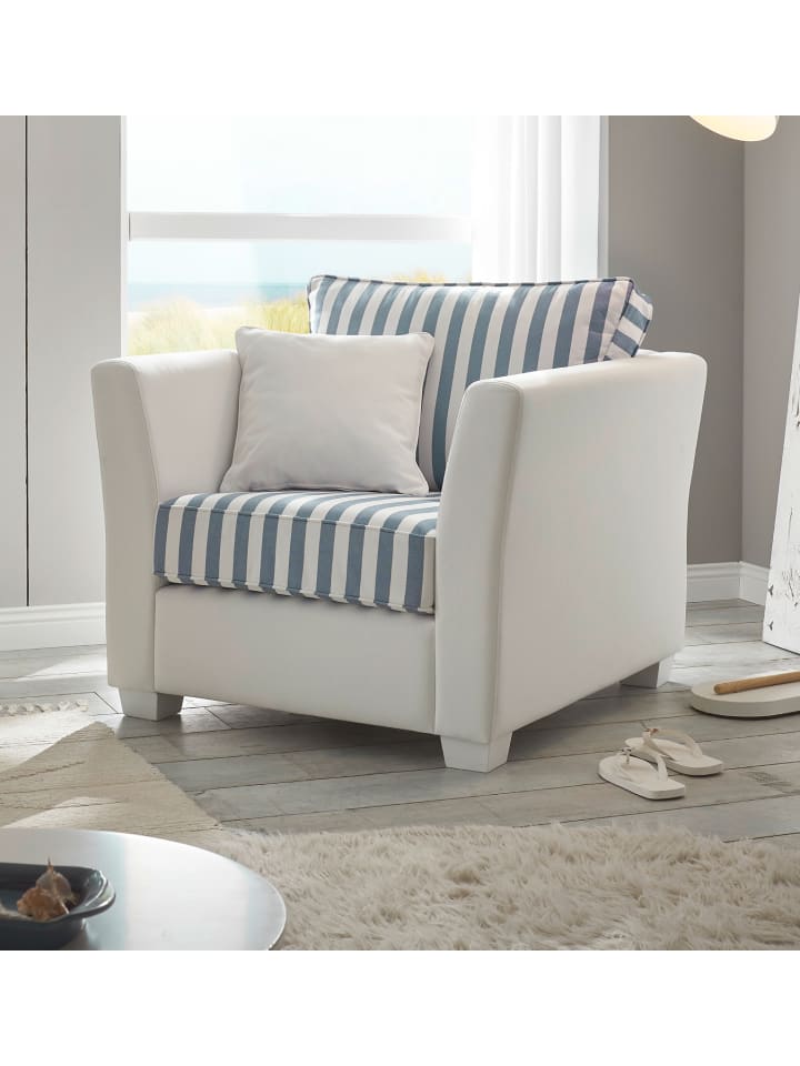 Sessel creme blau gestreift, Landhaus 95 cm, Loungesessel für das Wohnzimmer