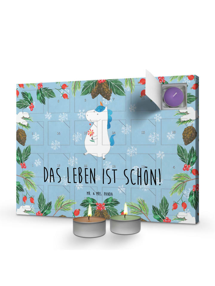 Adventskalender Einhorn Spaziergang mit Spruch in Eisblau
