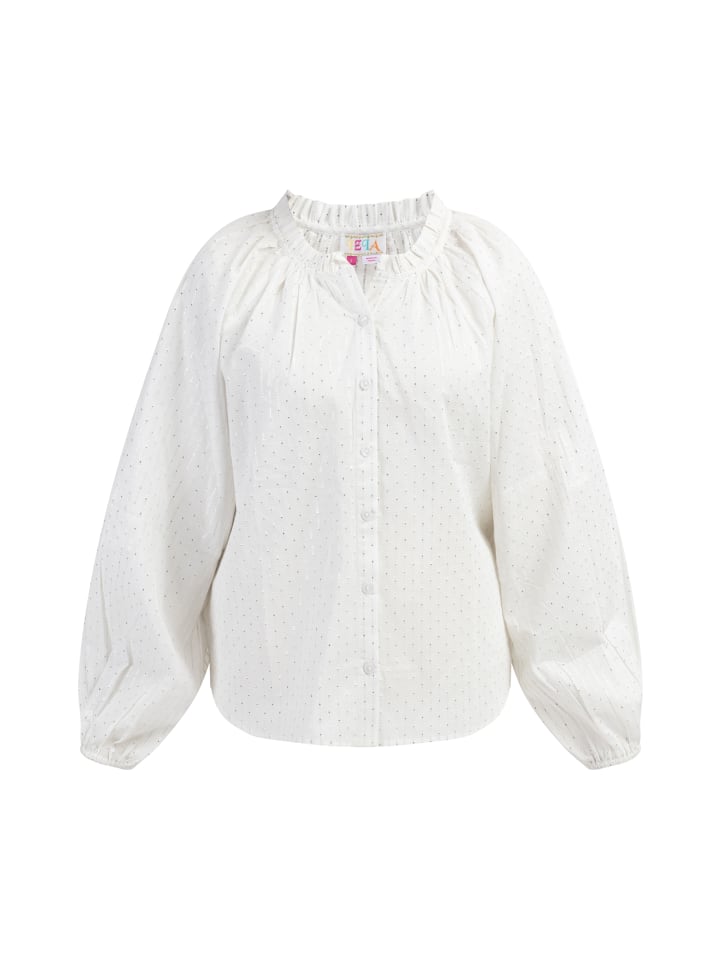 Damen Baumwollbluse in Wollweiss Mit Silber Streifen Und Punkten