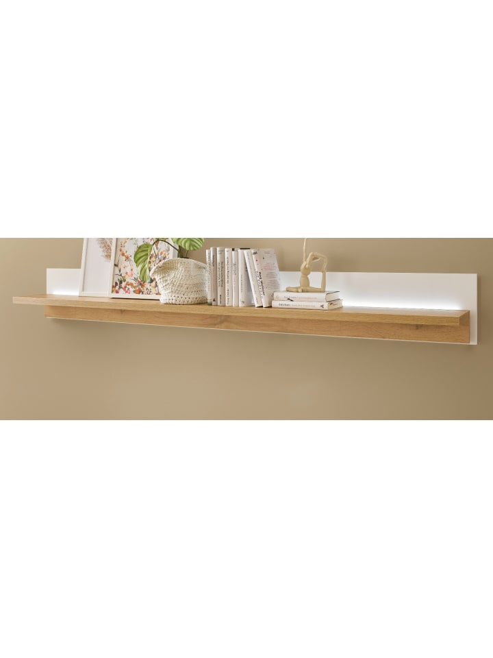 Wandboard weiß matt, Eiche Wotan 201 cm, Wandregal inklusive Beleuchtung