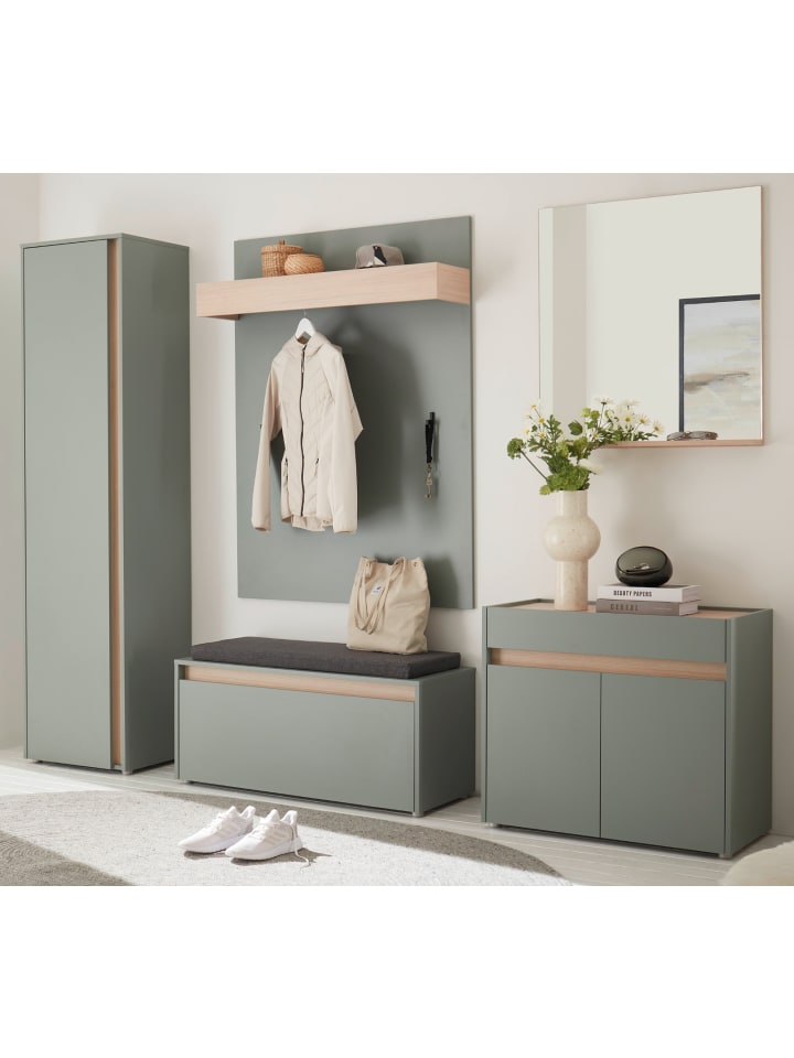 Garderobe Set 6-teilig in Salbei und Eiche, Flurgarderobe inkl. Sitzkissen