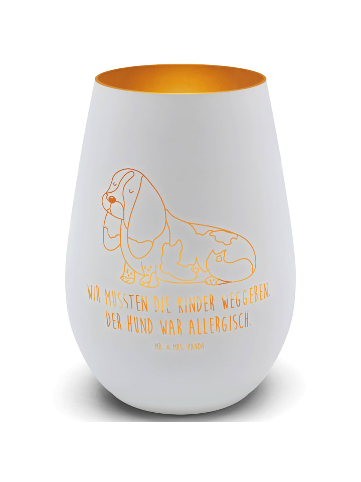 Windlichtglas Hund Basset Hound mit Spruch in Weiß