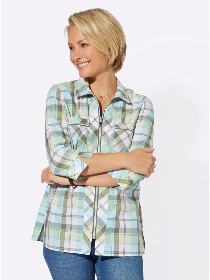 Bluse in aquamarin-khaki-kariert
