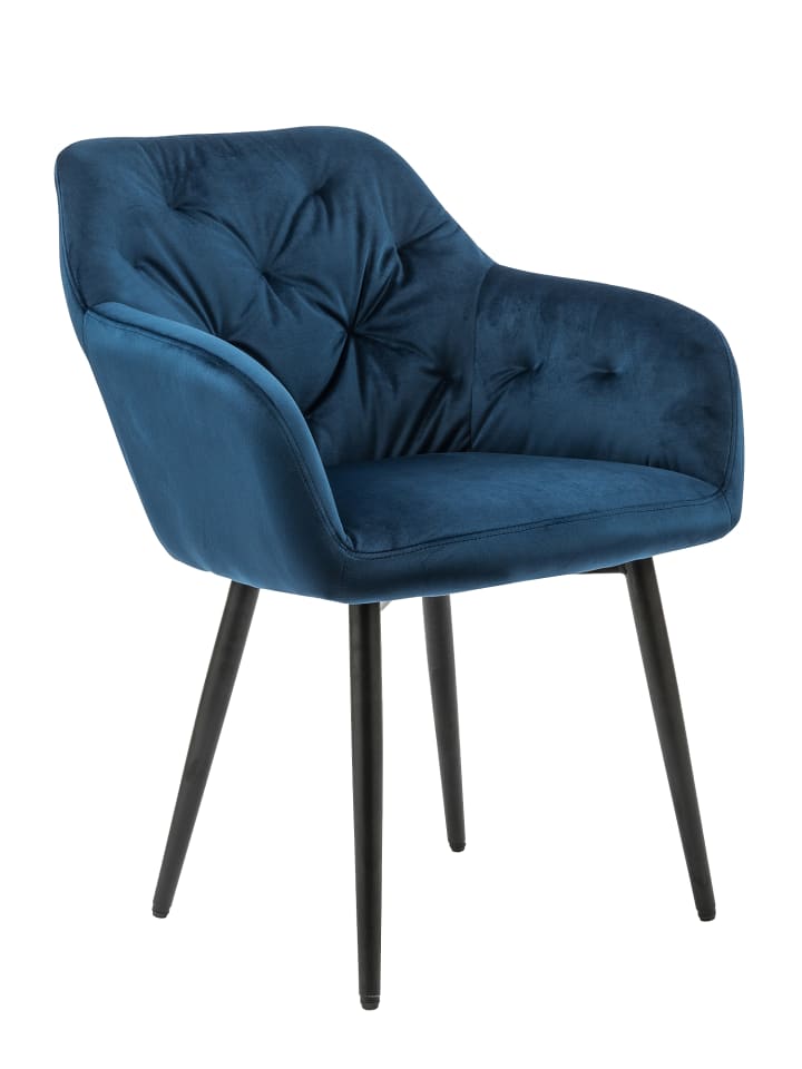 Esszimmerstuhl mit Knopfheftung aus Samt mit schwarzem Metallgestell in Blau