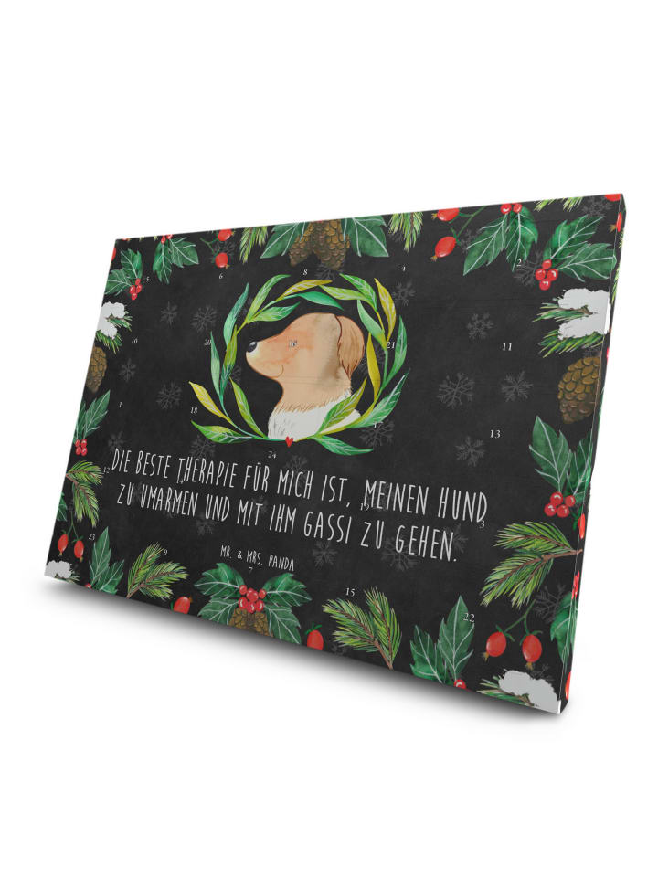 Advents-Teekalender Hund Blumen mit Spruch in Kreidetafel