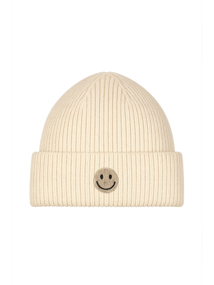 Strickmütze mit Smiley und feinem Rippenstrick in Beige
