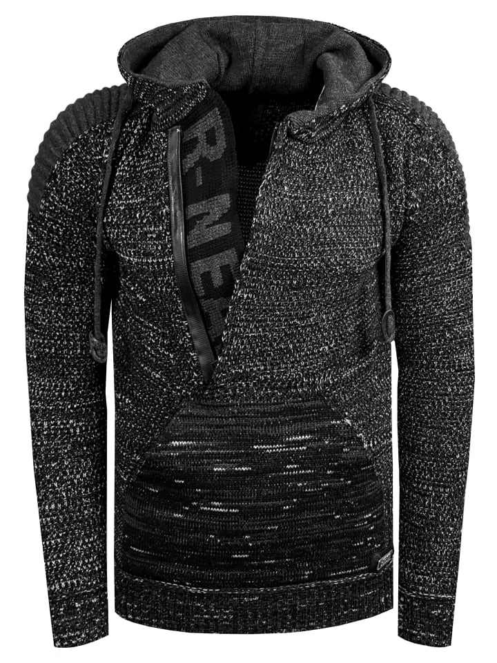 1/2 Zip Grobstrick Kontrast Kapuzen-Pullover in Schwarz