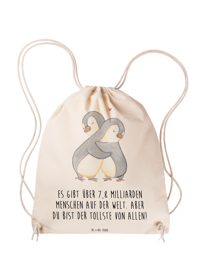 Sportbeutel Pinguine Kuscheln mit Spruch in Creme