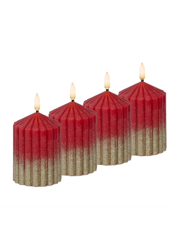 4x LED Kerze Liv Echtwachs mit Rillen H: 10cm in rot, gold