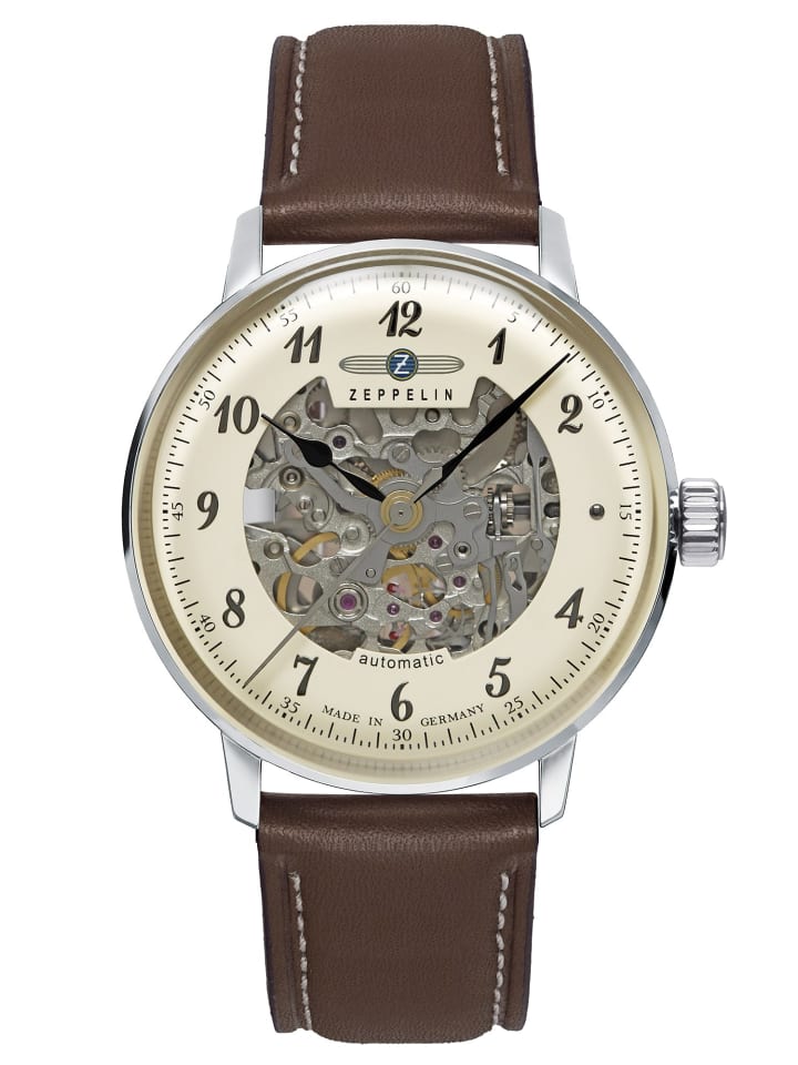 Automatikuhr für Herren Hindenburg LZ 129 Skelettzifferblatt Creme / Braun / Si