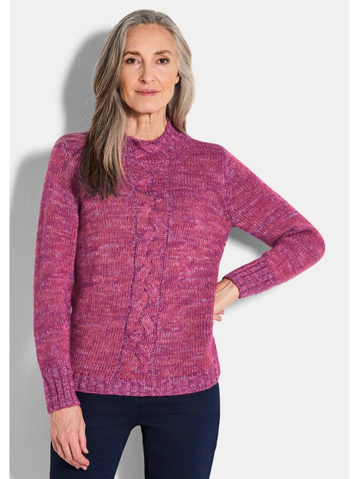 Hüftlanger Langarm Pullover, Zopfstrick in beere / gemustert