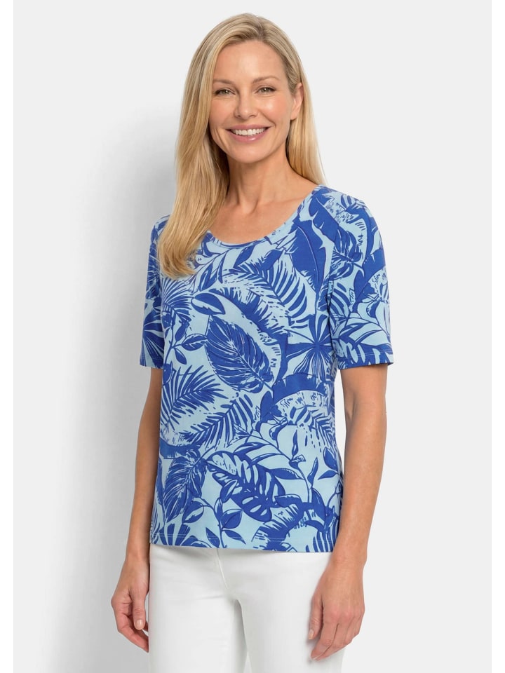 Viskoseshirt mit grafischem Blättermuster in blau / hellblau / gemustert